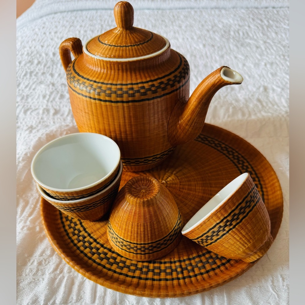 Vintage White Porcelain Bamboo Wrapped Tea Pot, 4 Cups, Tea Pot Lid and Tray